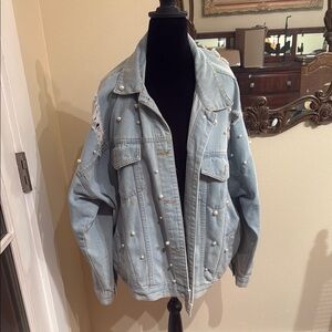DAVI & DANI Pearl Embellished Oversized Distressed Denim Jacket
